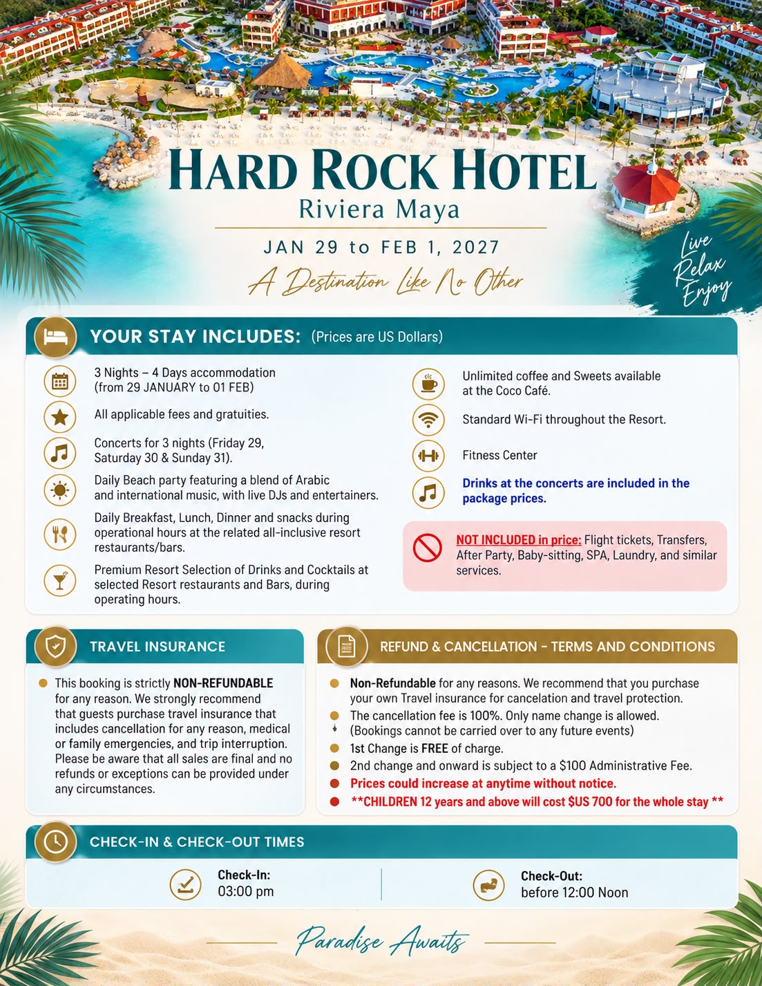 Hard Rock Hotel Riviera Maya, January 29 to February 1, 2027: what your stay includes, refund terms, check-in and check-out times